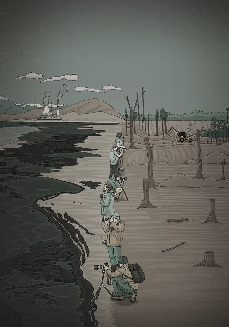 Ilustración editorial sobre Periodistas en Situaciones Difíciles, periodistas en sierra y selva
