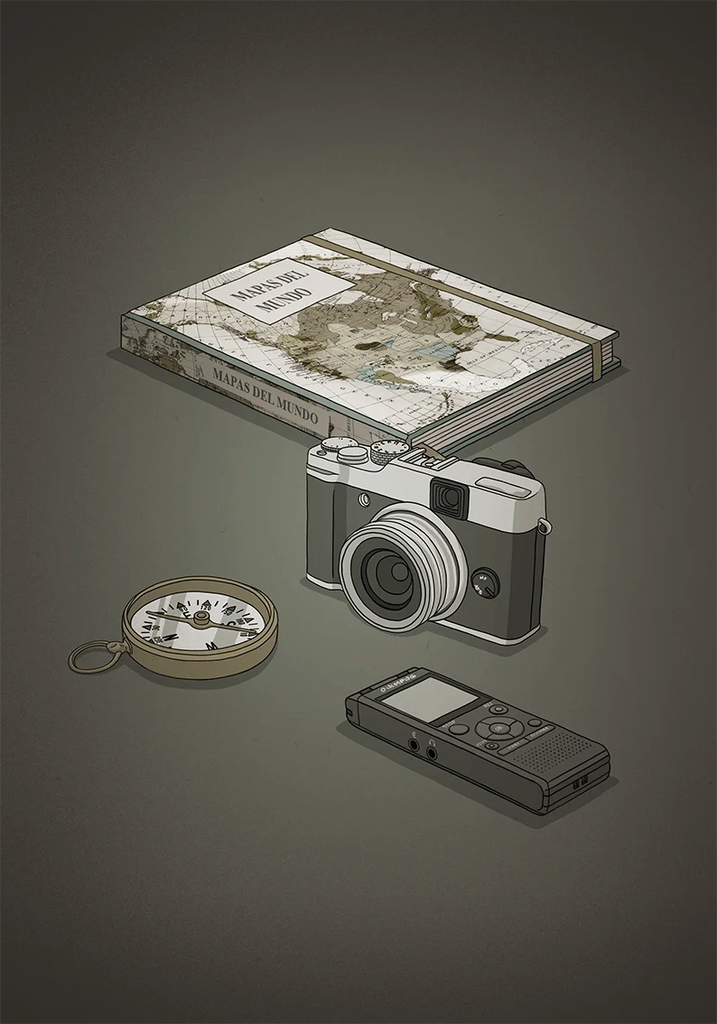 Ilustración editorial sobre Periodistas en Situaciones Difíciles, objetos periodisticos