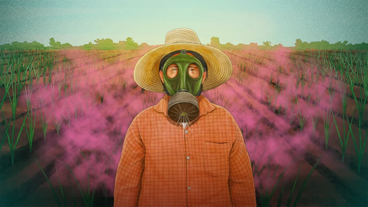 Ilustración editorial para la problemática de Agroquímicos prohibidos, trabajador