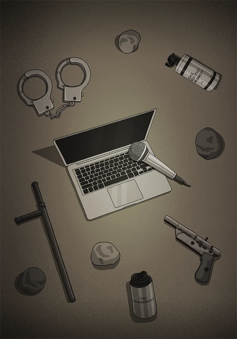 Ilustración editorial sobre Periodistas en Situaciones Difíciles, amenazas a periodistas
