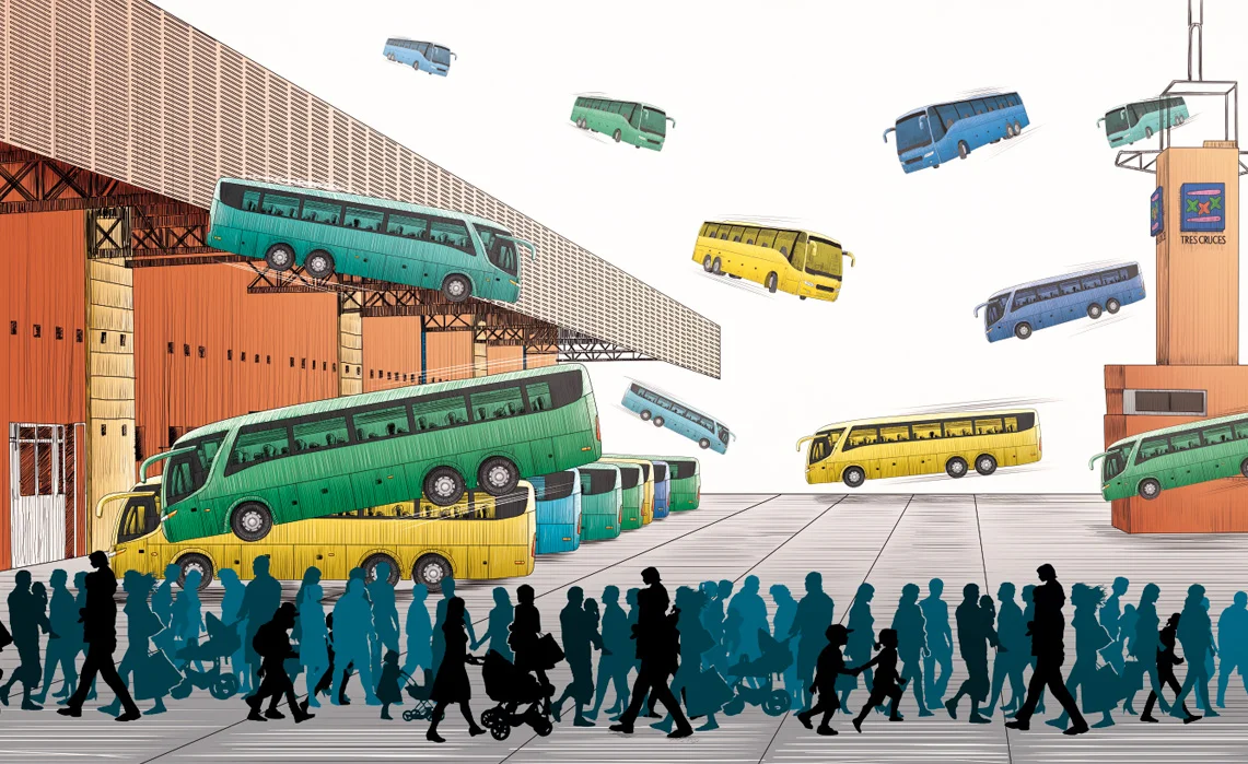 Ilustración editorial de la terminal "Tres Cruces" para la revista Etiqueta Negra