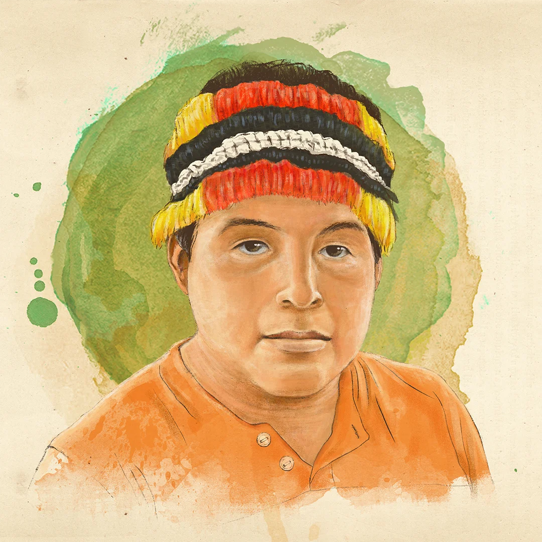 Diseño e ilustración editorial, retrato de Loreto Emerson Pucushua en la Amazonía en emergencia