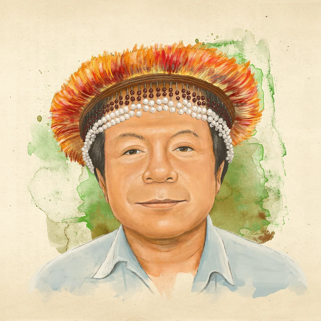 Diseño e ilustración editorial, retrato de Sahpiom Noningo Amazonas en la Amazonía en emergencia