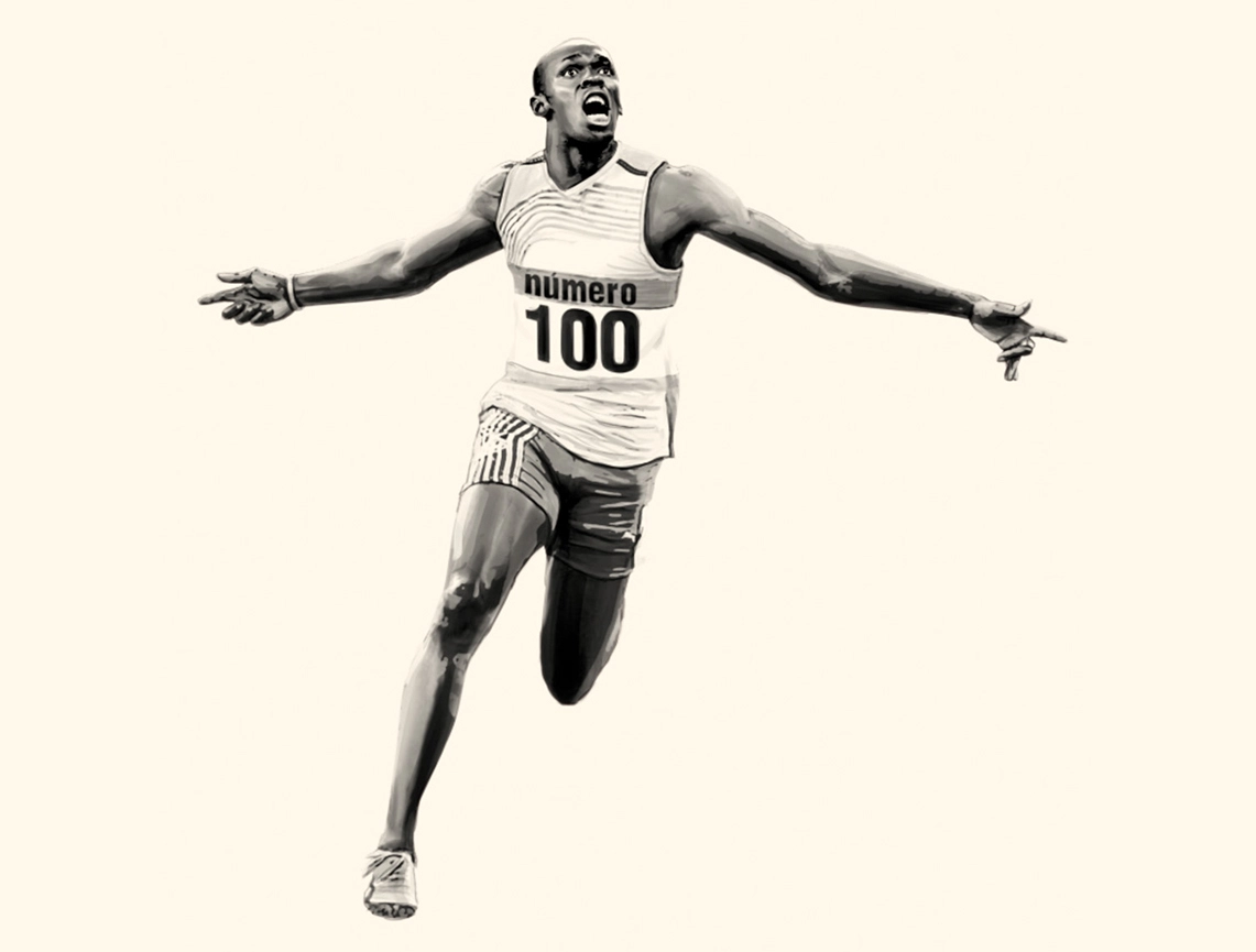 Ilustración editorial de Usain Bolt para edición Nº 100 de la revista Etiqueta Negra