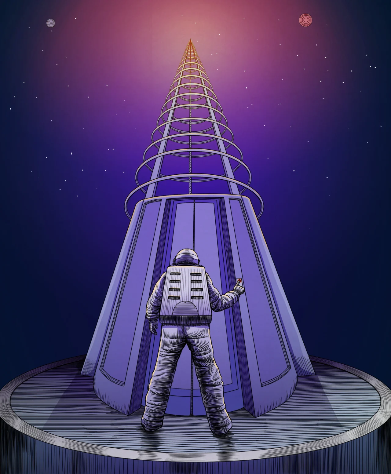 Ilustración y diseño, arte surrealista "Ascensor al Espacio"