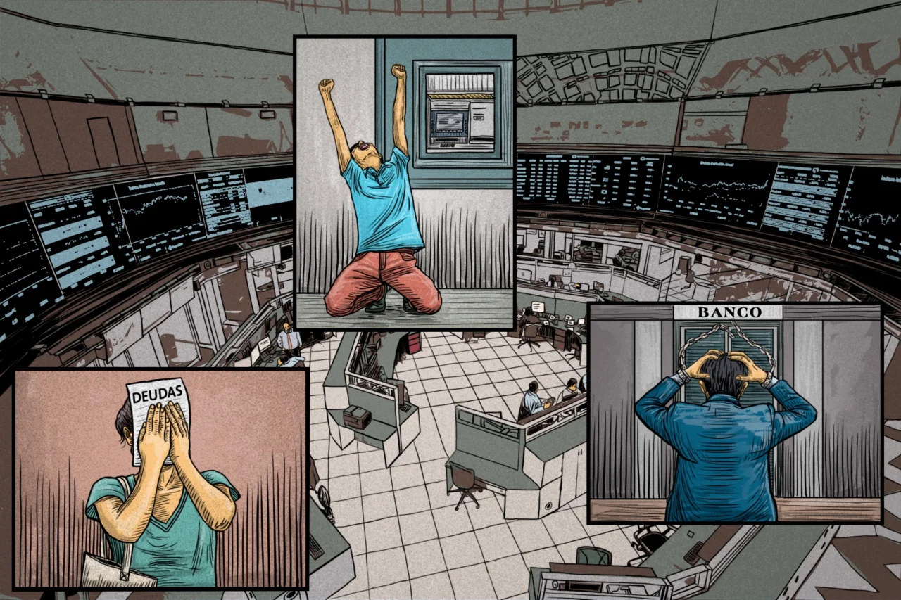 Ilustración editorial sobre los Abusos de la Banca en América Latina, desesperación financiera