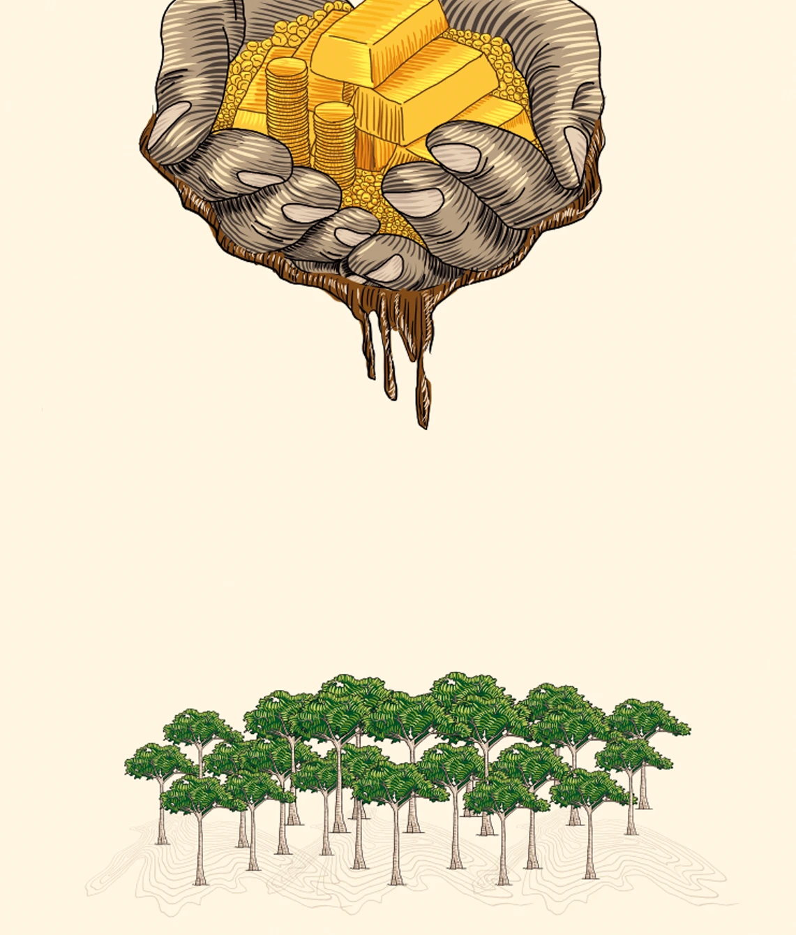 Ilustración editorial sobre la minería ilegal para la revista Etiqueta Verde